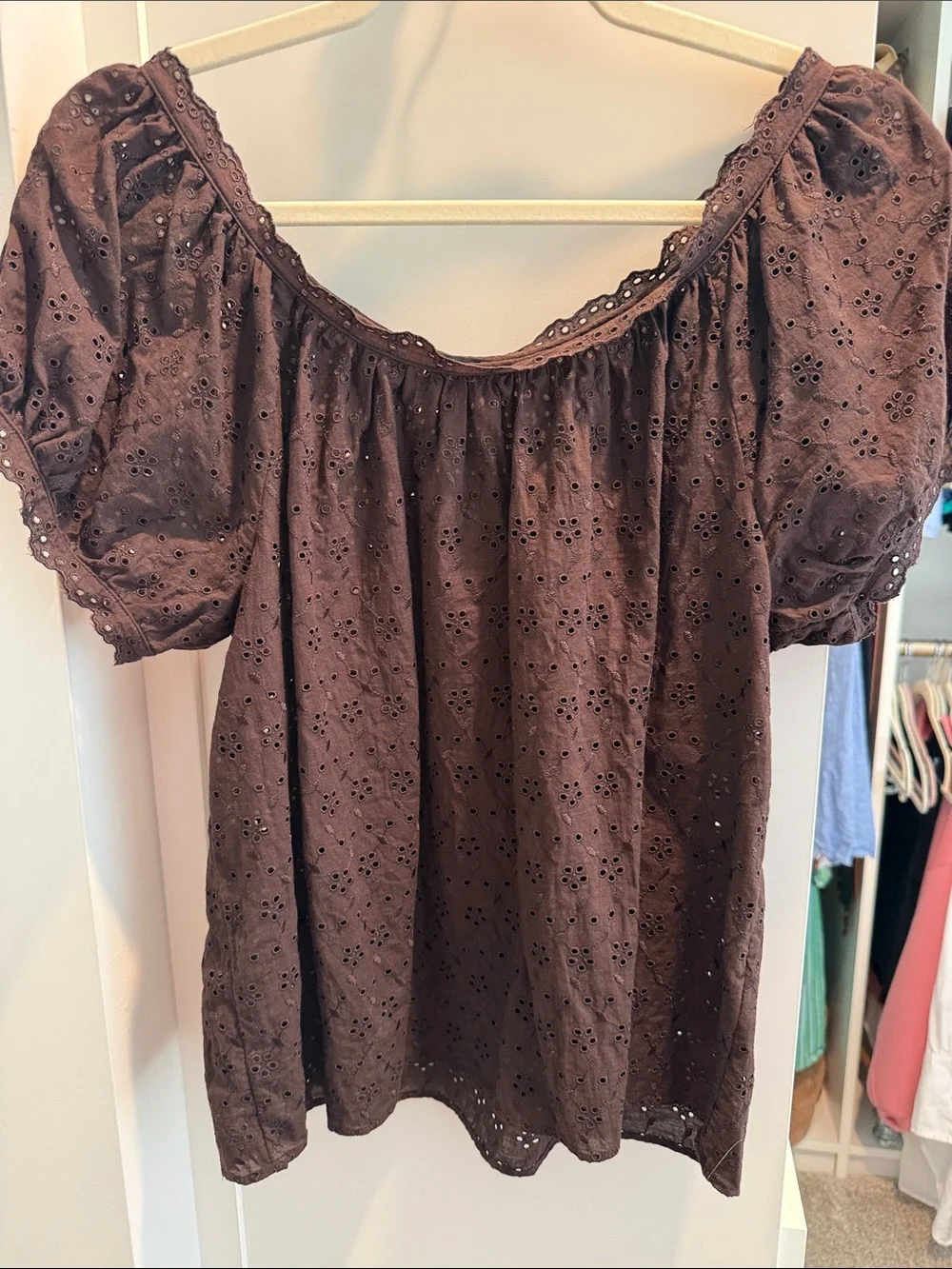J. Crew Brown Eyelet Puff-Sleeve Women's Top